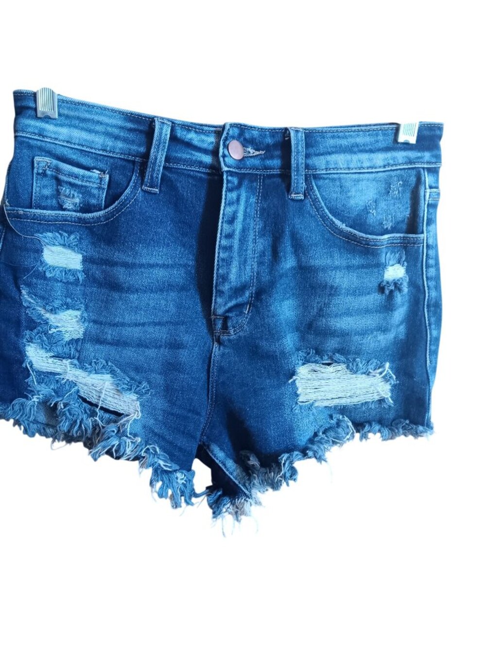 Pink Lily Womens Distressed Denim Shorts Raw Hem Medium Blue